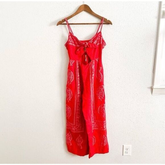 Free People REVOLVE Linen Jumpsuit Red Feel The Sun Size 4 - Picture 3 of 10
